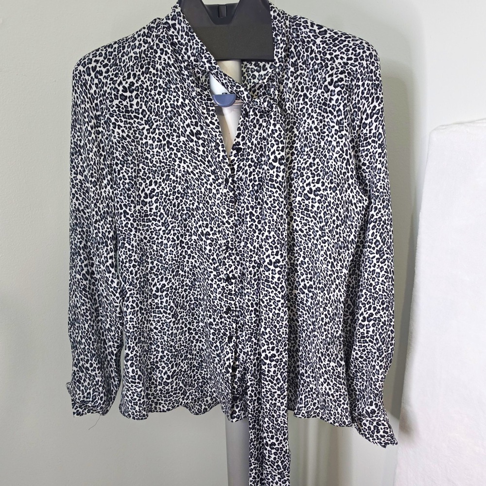Anne Fontaine Women M Silk Leopard Animal Print Button Up Collared Blouse Luxury